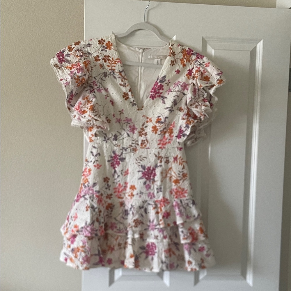 Floral Ruffle V-Neck Women’s Dress in White with Pink & Orange Flowers